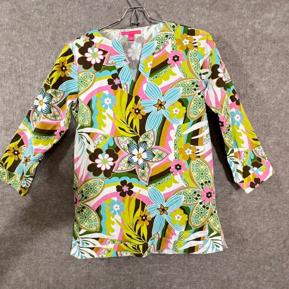 Peter Millar Floral Tunic Top Womens Small Cotton Psychedelic Boho Preppy